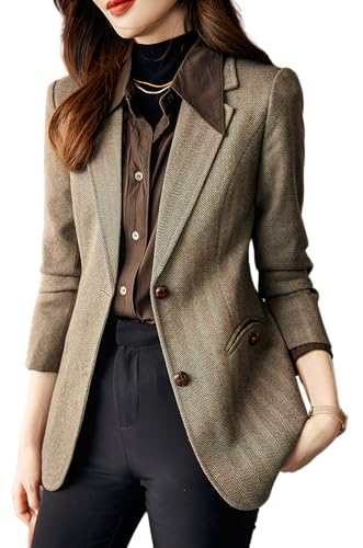 ebossy Women's Notched Lapel Plaid Herringbone Blazer Jacket Classic Single Breasted Slim Wool Blend Coat