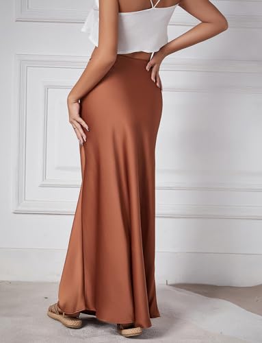 FEOYA Women’s Satin Silky Maxi Skirt High Waist A Line Elegant Flowy Mermaid Hem Drawstring Wedding Party Club Spring Skirt2