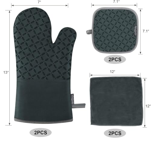 Image of KEGOUU Oven Mitts and Pot Holders 6pcs Set, Kitchen Oven Glove High Heat Resistant 500 Degree Extra Long Oven Mitts and Potholder with Non-Slip Silicone Surface for Cooking (Deep Green)
