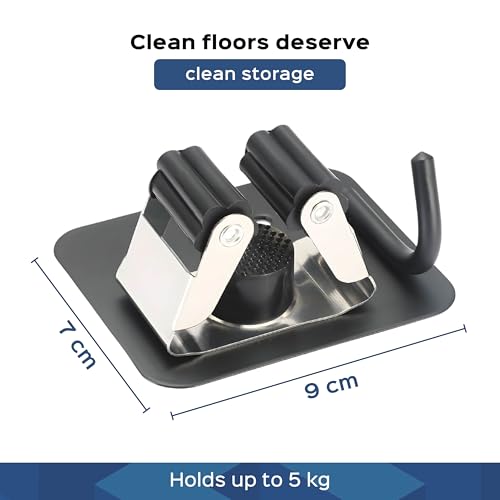 Image of HomeStrap Stick-On Mop & Broom Holder with Rubber Grip | Stainless Steel Wall Holder with Hook for Mops, Brooms, Wiper & Towels | No Drilling Waterproof Self-Adhesive Hook for Daily Use | Set of 2