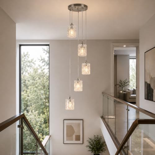 Image of Finktonglan High Foyer Chandeliers Modern Glass Ceiling Chandelier Adjustable Pendant Lighting fixtures for Kitchen Island,Dining Room,Living Room,Entryway(5 Lights)
