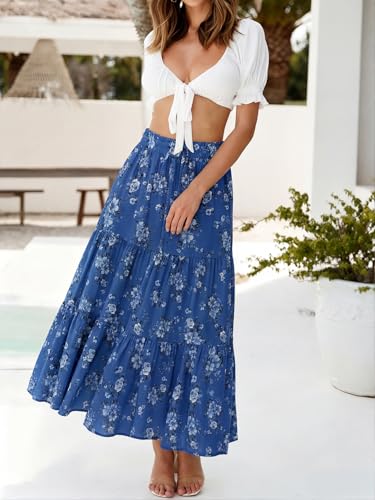 Image of ZESICA Women's 2026 Summer Bohemian Floral Printed Elastic Waist A Line Maxi Skirt with Pockets