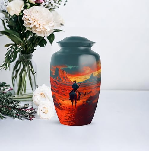 Image of Cowboy Urn - Large & Small Urns for Human Ashes Adult Male - Funeral Urns for Adult Ashes Women - Burial Urns for Human Ashes (Combo - 10 inch & 3 inch, 5 Pcs)