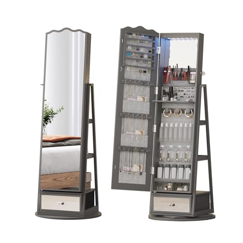 MGCC 360° Swivel jewelry armoire with LED Light, Lockable Jewelry Organizer with Full-Length Mirror,Jewelry Cabinet Floor Standing Mirror with Storage Shelves for Bedroom, Cloakroom