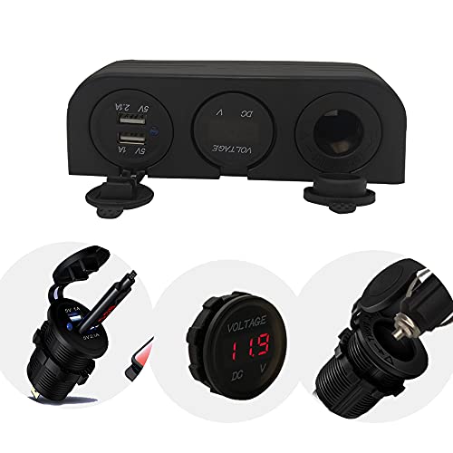 Iztoss 3 In 1 Muti-Functional Tent 12V Cigarette Lighter Socket + Digital Voltmeter+ Dual Usb Outlet Three Hole 12-24V Automotive Replacement Part Waterproof For Boat Camper Caravans #TOP1