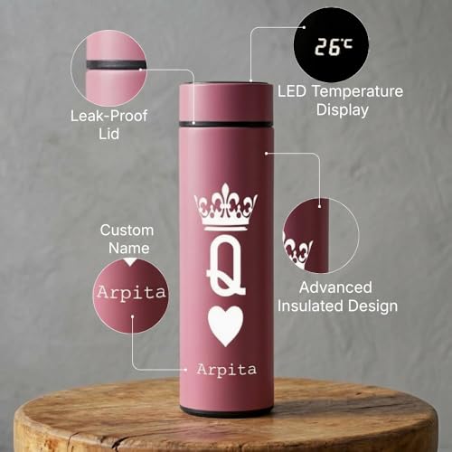 Image of fnp LED Temperature Custom Name Bottle | Personalised Water Bottle with Smart Temperature Display | Suitable for Office, School, Travel, Gifting & Daily Use (Queen Pink)