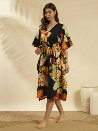 Image of Ravaiyaa Women Printed Cotton V-Neck Knee Length Kaftan Dress Nighty