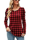 Ivicoer Long Puff Sleeve Blouses Buffalo Checked Crewneck Tops Red Black Plaid Fall Shirts Ladies Dressy Tees, L