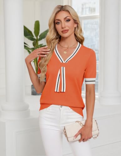 Image of Womens Knit Top Short Sleeve Sweater Work Summer Tops Cute Business Blouse | Lightweight Cute Bow Tie Sweater 2026 Chic V Neck Business Casual Outfits Tops