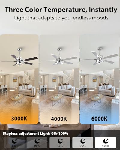 Image of 52 Inch Silver Ceiling Fans with Lights and Remote, Creative Modern Ceiling Fan, 3CCT, 6 Speeds, Quiet, Dual-Sided Reversible 5 Blades Indoor Outdoor Chandelier Fan for Bedroom Living Room