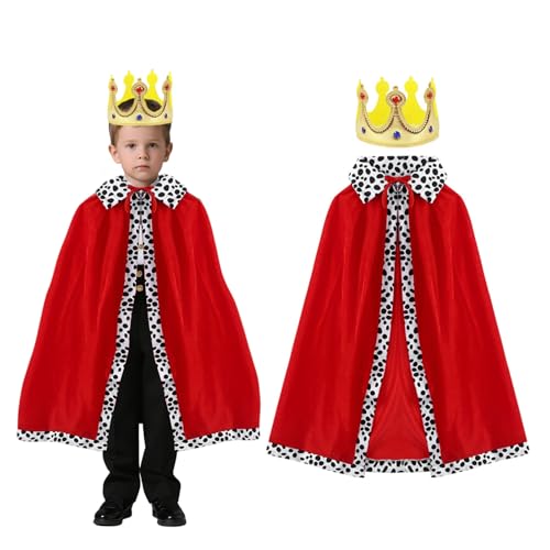 PUERFOCA Capa de rei para criança, capa vermelha com coroa, disfarce para Halloween, carnaval, disfarces, festas temáticas, 90 cm