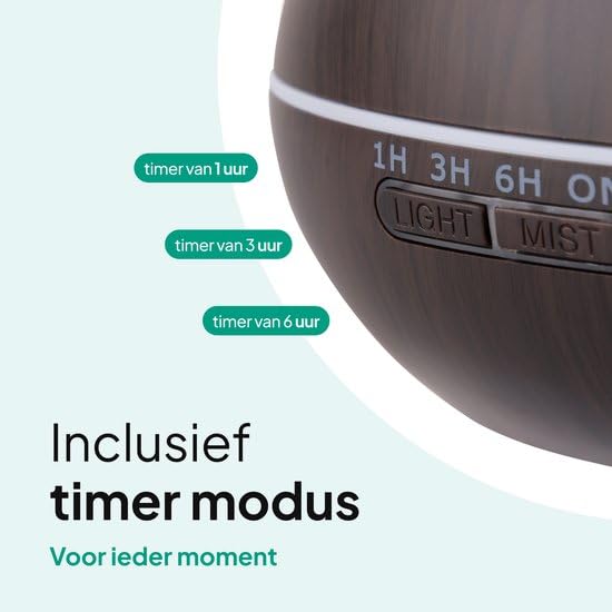 Vivid Green Aroma Diffuser, Kunststof, LED Moodlight, Donkerbruin, Aromatherapie, Luchtbevochtiger voor Slaapkamer en Woonkamer, Timer en Afstandsbediening, Elektrisch, 550ml, 40m² - Afbeelding 6