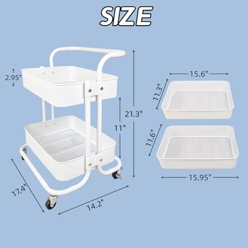 Image of 2 Tier Cart with Wheels Under Desk Storage with Handle, Metal Rolling Pantry Cart for Kitchen White Small Rolling Basket for Laundry Room Bathroom, Utility Shelf Organizer for Small Space