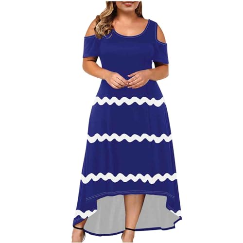MRGIINR Vestido de verano de talla grande para mujer, vestido largo con hombros descubiertos, manga corta, a rayas, gráficos, vestidos casuales para mujer, elegante dobladillo curvado, vestido largo
