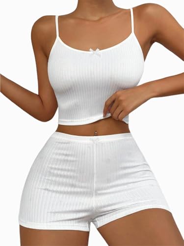 Image of Hilinker Womens Graphic 2 Piece Pajama Set Summer Cute Crop Cami and Shorts Ribbed Lounge Sets