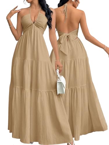 Image of Narecte Women's Maxi Summer Dresses Halter V Neck Beach Dresses for Women A-Line Casual Dress for Vacation