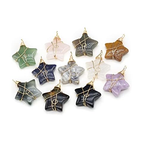 QSLLER 5pcs Natural Stone Pendant Star Copper Winding Amethyst Agate Tiger Eye Healing Crystal Stone Charms for Jewelry Making DIY Necklaces Cover