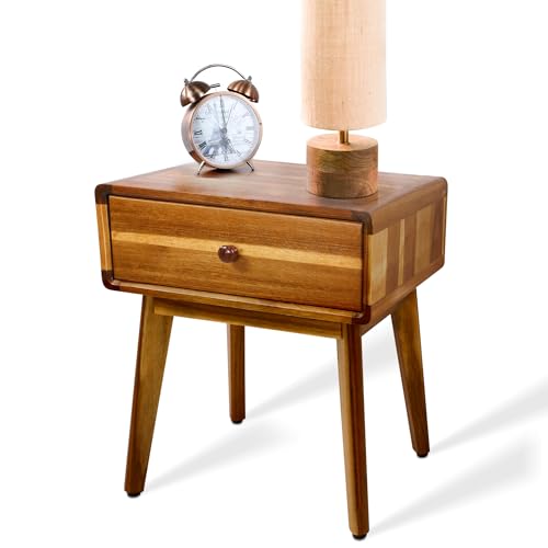 ENKEZI Small Mid Century Acacia Night Stand with Drawer Dresser,