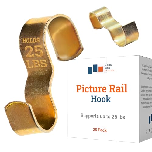 PHS Picture Rail Hooks 25 Pack - Supports up to 25 lbs - Durable Molding Hooks - Easy to Install Picture Rail Hangers for Art Hanging System, Gallery Hanging System, and Kids Artwork Display Art