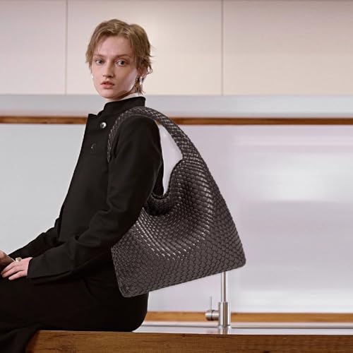 Image of JINMANXUE Woven Tote Bag for Women, Fashion Hobo Handbag, Travel Top-handle Shoulder Bag, Beach Underarm Bag with Purse (Mocha Coffee)
