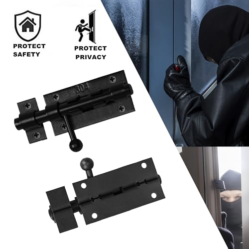 Image of 4 Inch Slide Barrel Bolt Latch Door Slide Lock Heavy Duty Gate Latches | 304 Stainless Steel, Black, 2 Pack, Thickened Bolt Lock for Outdoor Wooden Fence Gate Yard Shed Warehouse Cabinet Window
