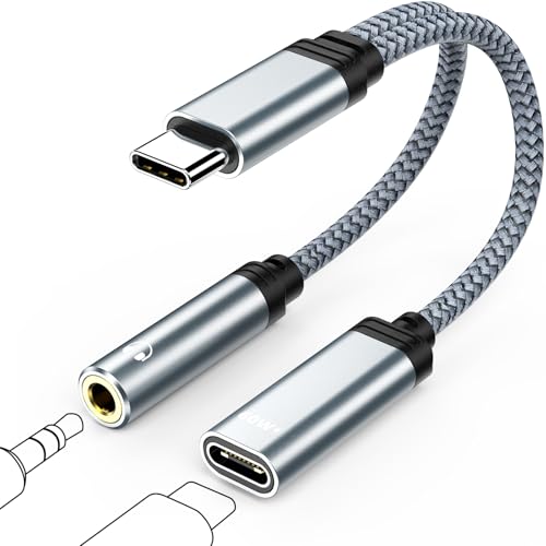 USB C auf Klinke Adapter und Laden, 2 in 1 Typ C auf 3.5mm Kopfh&ouml;rer Adapter mit PD 60W Schnellladung, USB C zu Schnellladung Aux Audio f&uuml;r iPhone 17 16 15 Pro Max, f&uuml;r Samsung S25 S24 S22 S20, Google