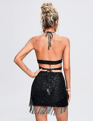 BELLA BARNETT Criss Cross Sequin Dress Shining Club Dress Fringe Dress 2 Piece Outfit Sexy Cutout Dress3