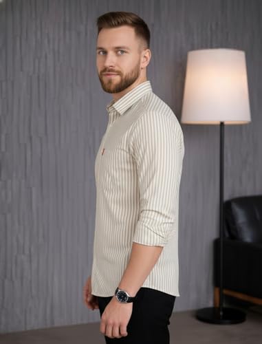 Image of MILDIN Men's Pure Cotton Striped Printed Shirt with Spread Collared Neck Full Sleeve Curved Hemline Button Closure and Regular Fit | Shirt for Man