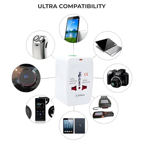 Image of EMBOX Universal Charger Adapter 240 AC Wall Charger 6 A Universal Travel Adapter All in One International Ports for USA EU UK AUS Supports 150+ Countries Smart Phone, Laptops, Cameras, Pack of 1