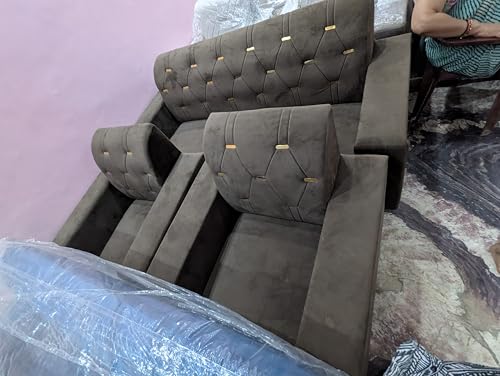 Image of Modern Tufted Velvet Sectional Sofa, Grey, L-Shaped Design with Gold Accent Buttons