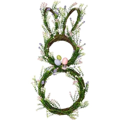 VGIA 27 Inch Easter Wreath for Front Door Rabbit Wreath with Easter Decorations Artificial Bunny Wreath with Pastel Eggs and Mixed Twigs for Wall Window Home Decor Cover