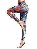 FLYILY Frauen Yoga Pants Gedruckt hohe Taillen-Power Flex Capris Workout Gamaschen für Fitness Laufen(Phoenix,S)