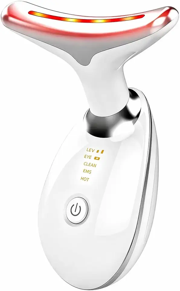 Massageador Facial LED 7 Cores - Modos, Aparelho Anti-Rugas para Rosto e Pescoço, Tratamento Estético Vibratório com Luz LED Para Elevação da Pele Lifting, Skin Care Redutor de Papada, Bivolt Recarregável Premium (Branco)