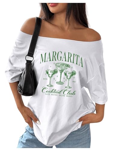Women's Oversized Off Shoulder Graphic Letter Print Tees Short Sleeve Summer T Shirts