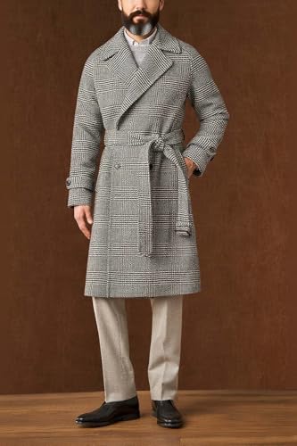 VENNYNG Men's Plaid Suit Jackets Long Double Breasted Checked Overcoat with Belt Trench Coat Long2