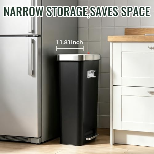 Image of Trash Can with lid, 12 Gallon Slim Tall Garbage Can,Black | Kitchen Trash Bin Step-on with Lid, Plastic Black Garbage Can with Stainless Steel Rim for Bathroom,Living room,Bedroom,Yard,