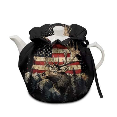 Image of Xoenoiee American Flag Hunting Elk Pattern Tea Cozy Cotton Tea Cosy for Teapots Keep Warm Teapot Cover Insulated Kettle Cover for Home Kitchen Table Decor 4th of July Patriotic Flag