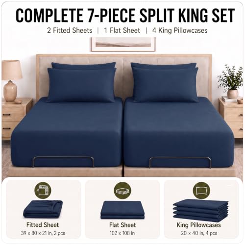 Image of CozyLux 7-Piece Split King Sheets, Fits 18-21 Inch Mattresses, Oeko-TEX | 4 Pillowcases, 1 Flat Sheet and 2 Fitted Sheets with All-Around Elastic, 21-Inch Deep Pockets for a Secure Fit, Navy
