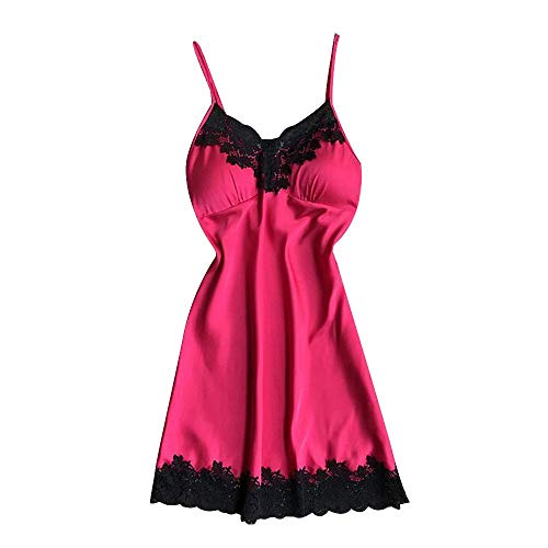 Vestido de noche para mujer, sexy, con push up, camisón sexy para mujer, picardías con cuello en V, camisón de encaje, ropa interior, camisón de seda, satín, vestido de verano, Rosa caliente., XXL
