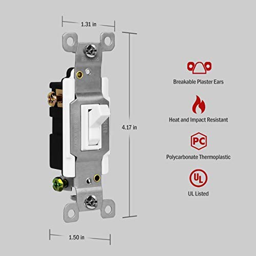 ENERLITES Toggle Light Switch, 3-Way or Single Pole, 15A 120-277V, Grounding Screw, Residential Grade, UL Listed, 83150-W-10PCS, White (10 Pack), 10 Count
