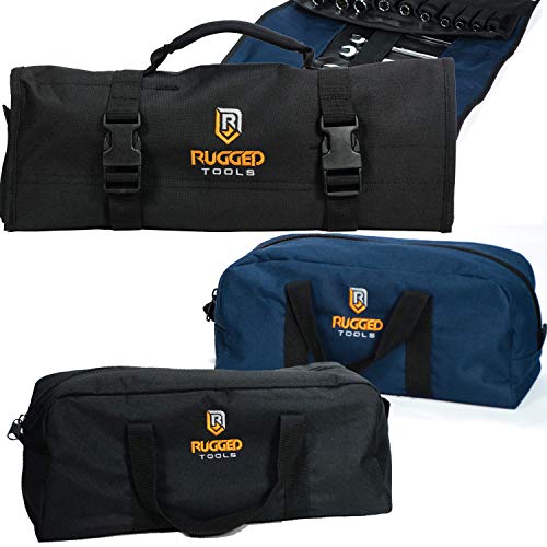 Rugged Tools Tool Roll + Tool Bag Set - Rollup Tool Puch and Small & Medium Tool Bag Set