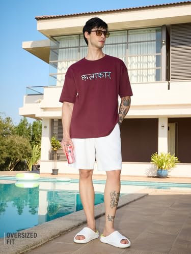 Image of The Souled Store Mr. Soul Men and Boys Short Sleeve Round Neck Purple Graphic Printed Cotton Oversized T-Shirts