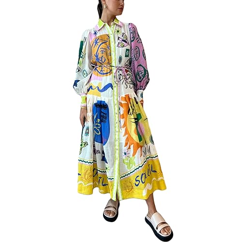 Women Graphic Puff Sleeve Maxi Dress Graffiti Button Down Shirt Dress Vintage Boho Floral Flowy Long Dresses