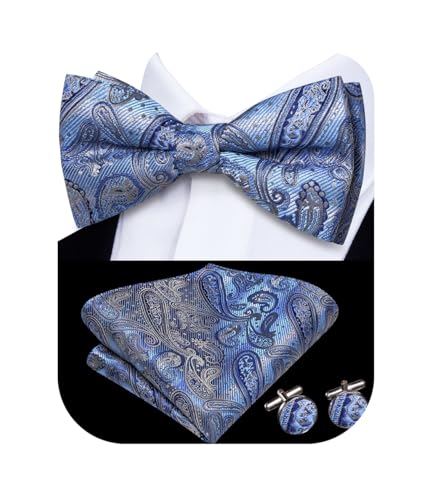 Image of Hi-Tie Bow Ties for Men Pre-Tied Pocket Square with Cufflinks Mens Bowtie Sets for Wedding Formal Party