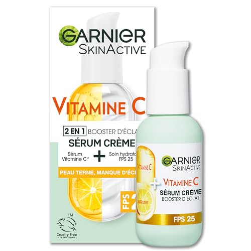 GARNIER Skin Active - Sérum Crème Booster D'Éclat 2-En-1 - Hydratation 72h & Éclat - FPS 25 - Vitamine C & Agrumes - Vegan & Cruelty Free - Peaux Ternes En...