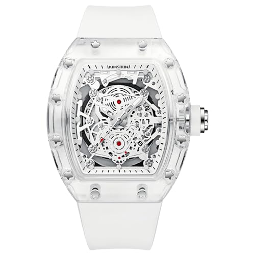 Gosasa Fashion Hollowed Men Watches Tonneau Transparent Analog Display Silicone Strap Calendar Quartz Waterproof Trend Male Wrist Watch, A White, Fashion