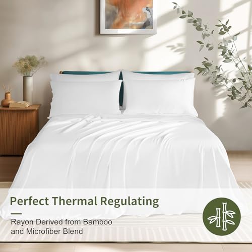 Image of Shilucheng 6 Piece Queen Sheet Sets, Cooling Sheets, Blend Rayon Derived from Bamboo, Deep Pocket Up to 16 inch, Breathable & Soft Bed Sheets, Hotel Silky Bedding Set, White
