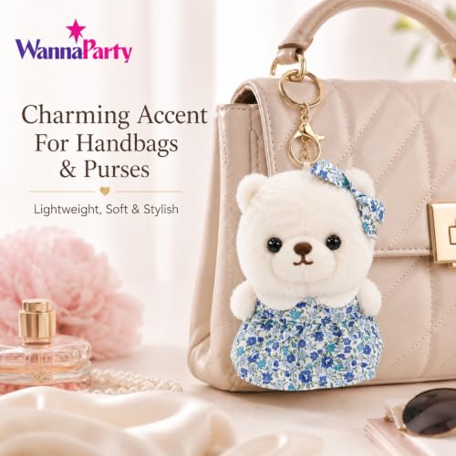 Image of Wanna Party White Teddy Bear Plush Keychain, Cute Soft Bear Bag Charm with Blue Floral Dress