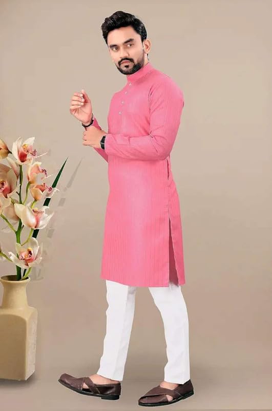 Image of FASHION GALLERY Men's Solid Pattern Polycotton Kurta with Long Sleeve Round Neck Knee Length and Pull On Closure Type|Men Kurta Pajama Set