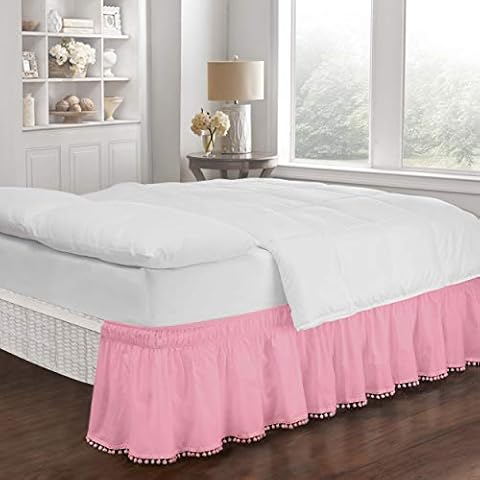 EASY FIT Pom Pom Elastic Wrap Around Bed Skirt, Easy On/Off Dust Ruffle (18 Inch Drop), Twin/Full, Pink Cover